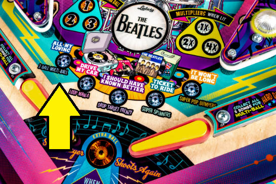 Pinball playfield with an arrow pointed at "All My Loving" insert