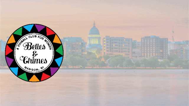 A madison skyline with the logos of Belles & Chimes and Punk Rock Pinball and a heart between them.