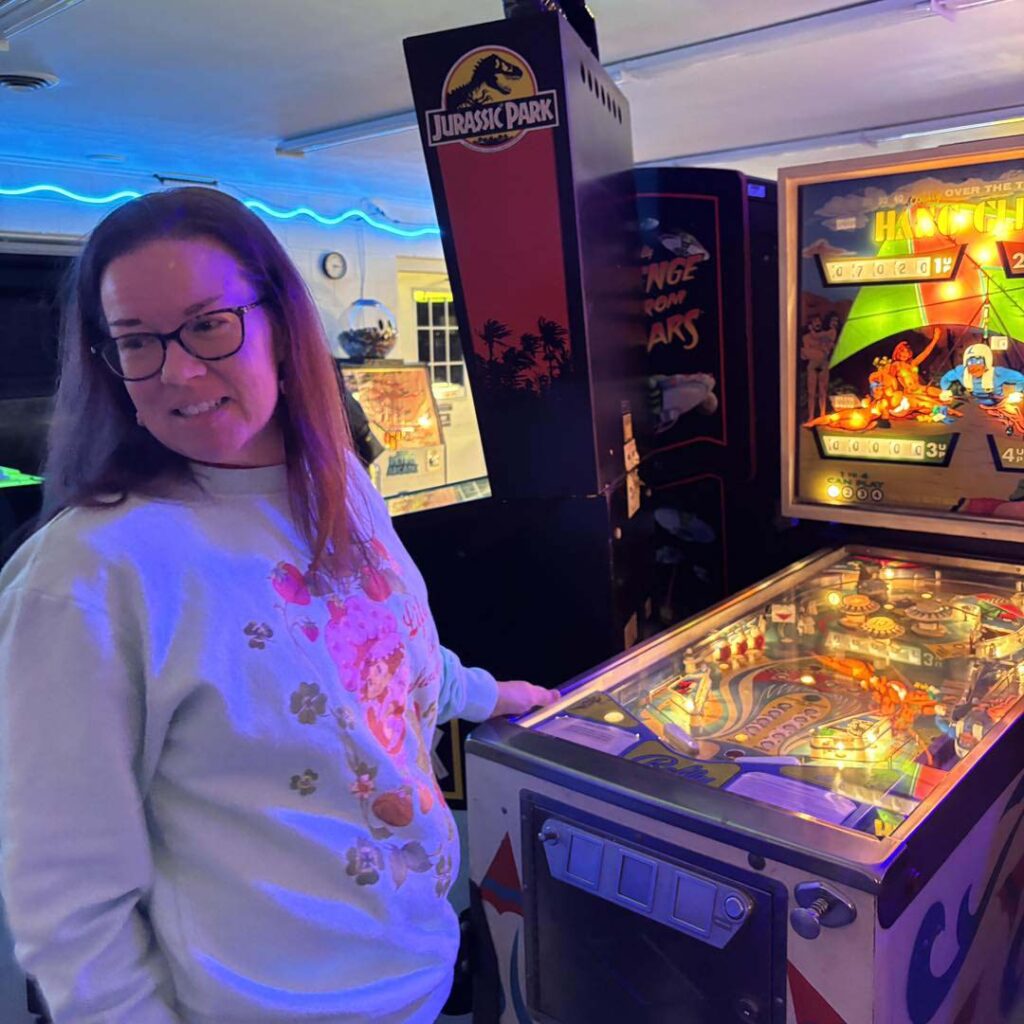 Playing pinball at Ryan's Retro Arcade