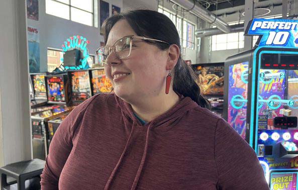 Shayna showing off her earring winnings