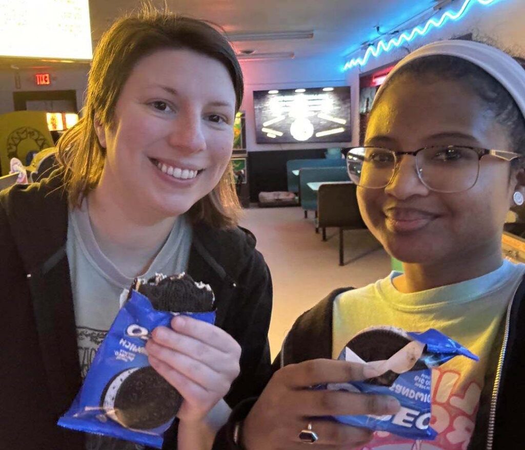 stopping for a snack while playing pinball at Ryan's Retro Arcade